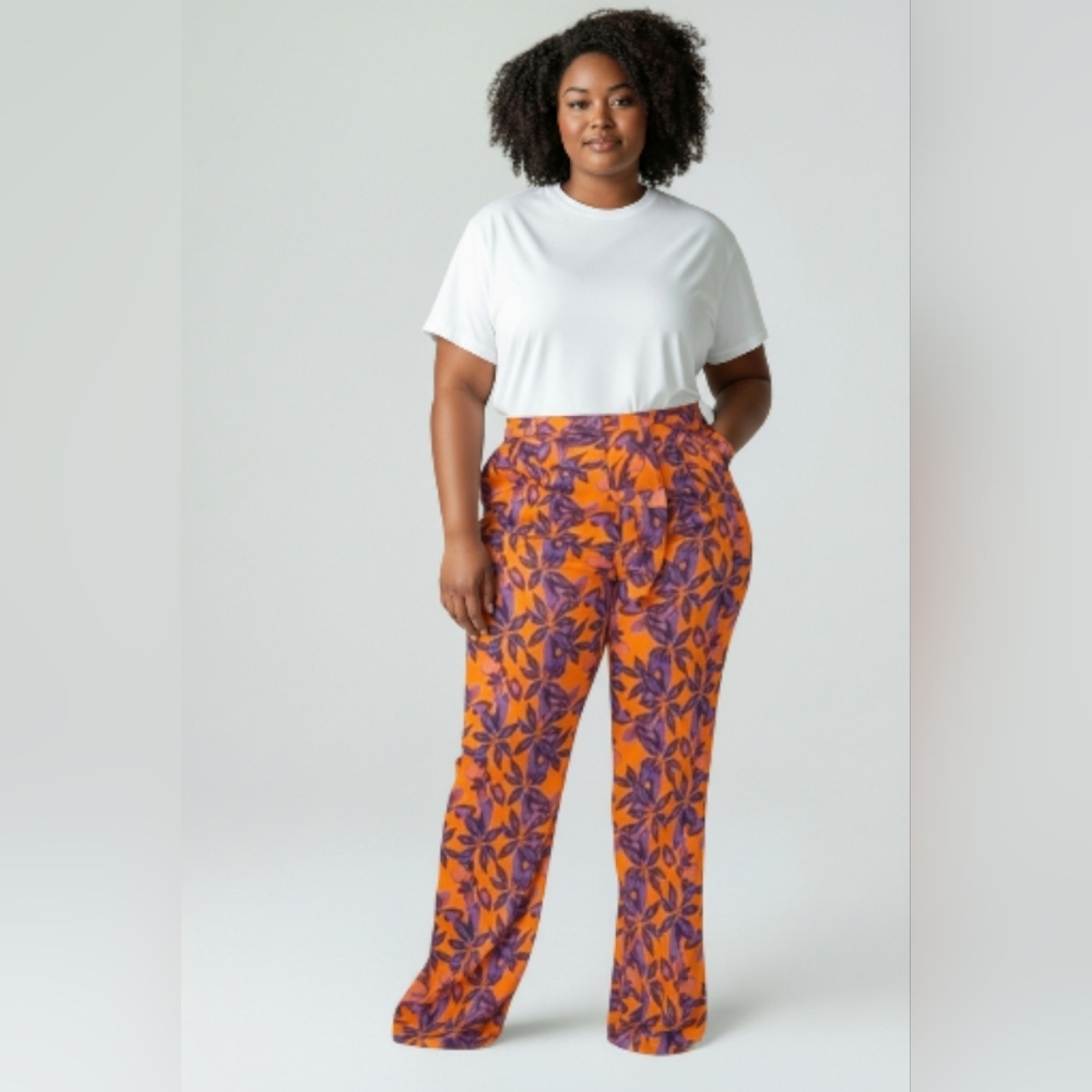 Pretty Little Thing Orange Print Beach Wide Leg Flare Pants Size 18